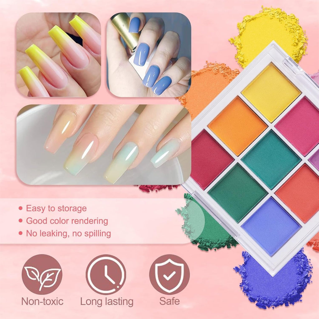 9 Farben Pigment Für Nägel, Nagelpulver Nail Powder 100 Stück Nail Art Schwamm Mit Metallgreifer, Ombre Glitzerpulver Nagelpuder Nailart Nagel Deko Für DIY Nageldesign, B