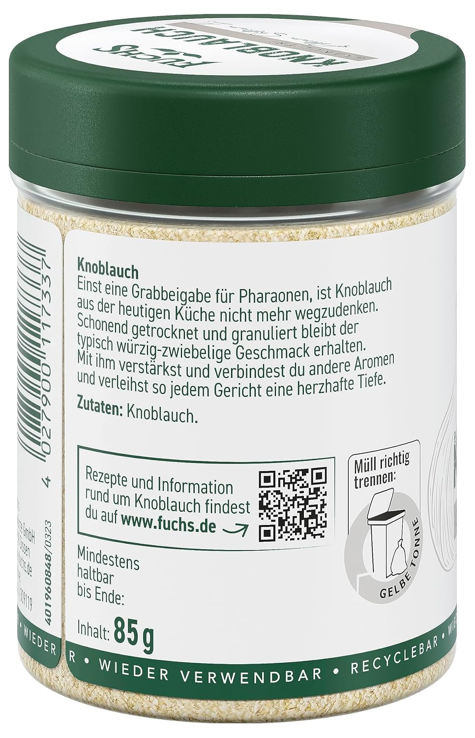 Fuchs Gewürze - Hvidløg granuleret - würzig-zwiebliger Geschmack für Tzatziki, Knoblauchbutter eller Gemüsegerichte - naturlige ingredienser - 85 g i wiederverwendbarer, genbrugsbarer Dosis