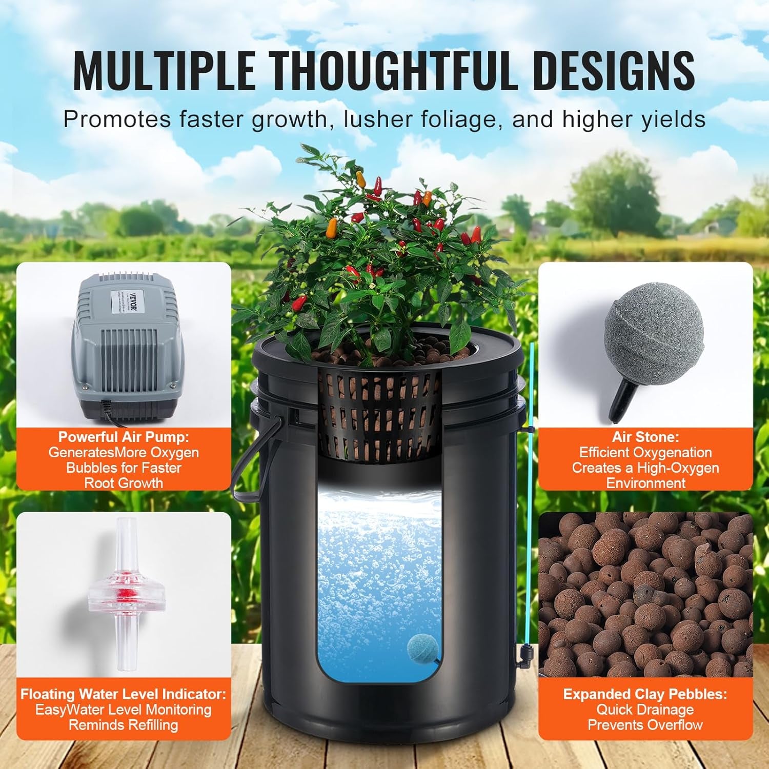 VEVOR DWC Hydroponic Grow System Dryp Pot Kit Hydroponic Grow Systems Dybvandsdyrkning 4 20L spande med luftpumpe Luftsten og vandstandsindikator til grønne bladgrøntsager