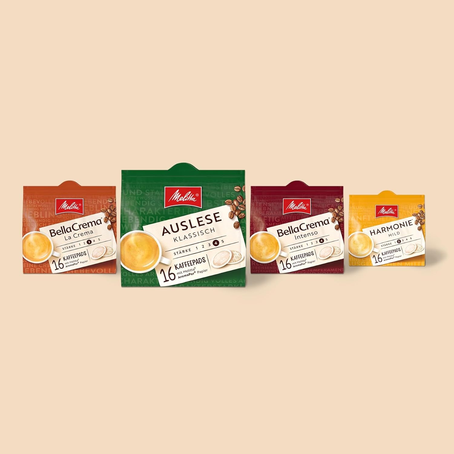 Melitta BellaCrema La Crema gemahlener Röstkaffee in Kaffee-Pads 10 x 16 Pads, Kaffeepads für Pad-Maschine, mittlere Röstung, geröstet in Deutschland, Stärke 3, im Tray