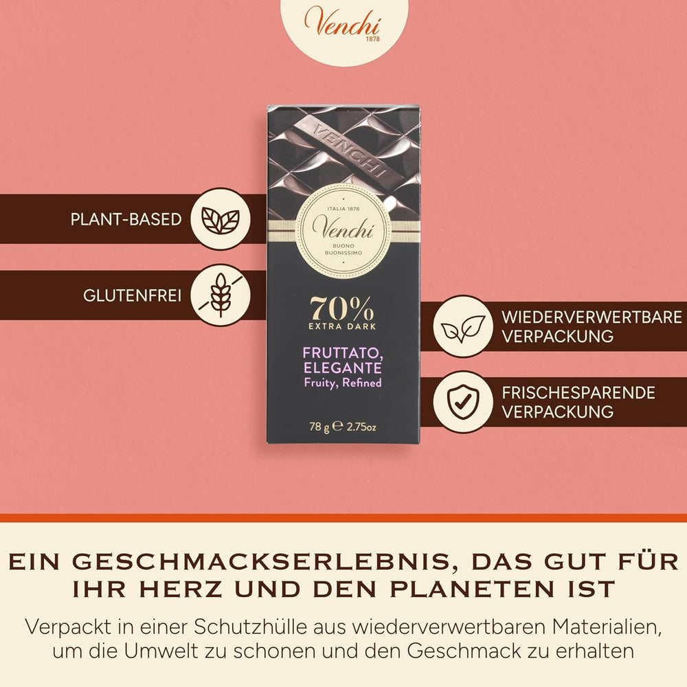 Venchi - Mørk chokolade 70%, 78 g - Med udvalgte kakaoblandinger - Glutenfri - Vegansk