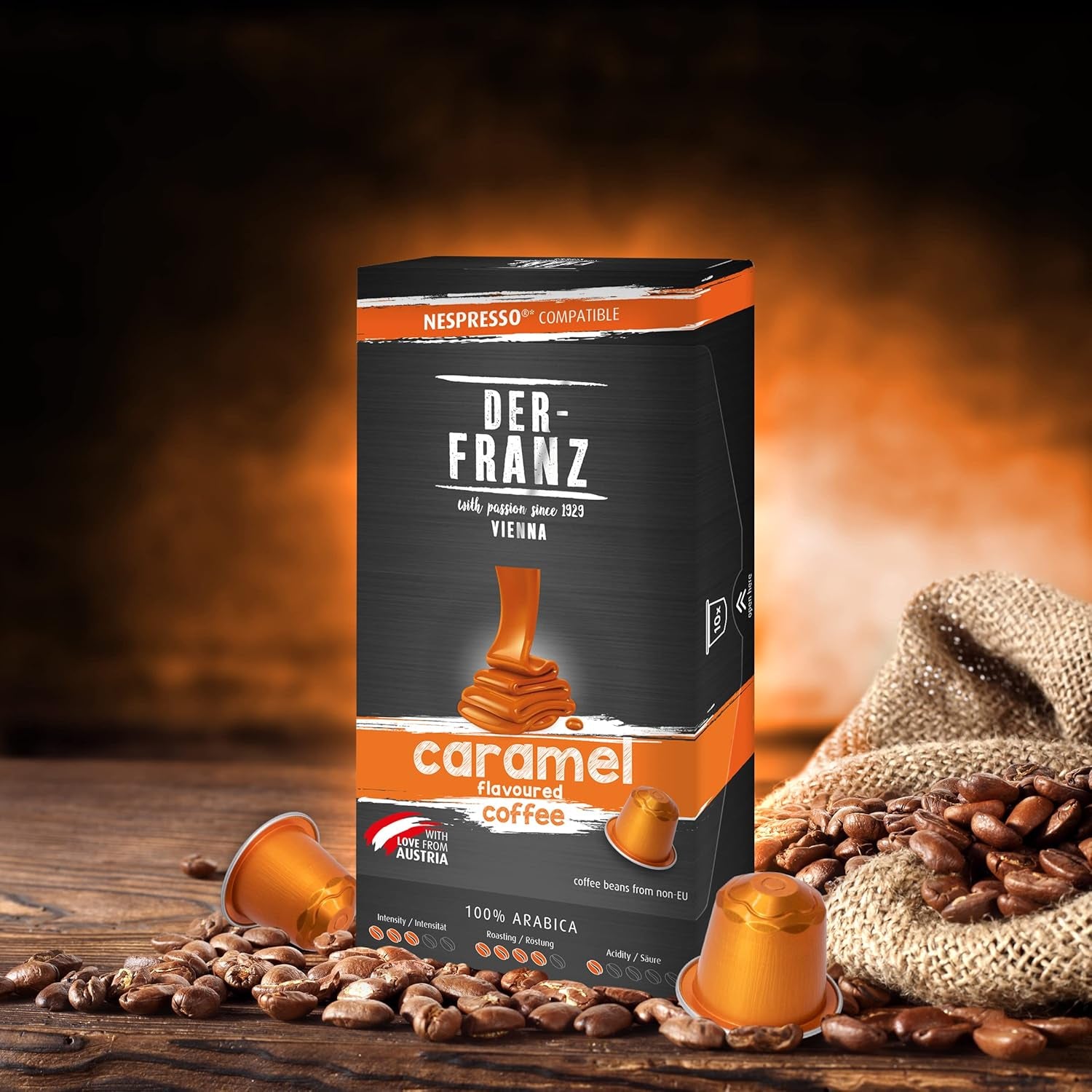 Der-Franz Nespresso kompatible Kaffee Kapseln, 6 x 10 Kapseln, Karamell Aroma, Medium Roast