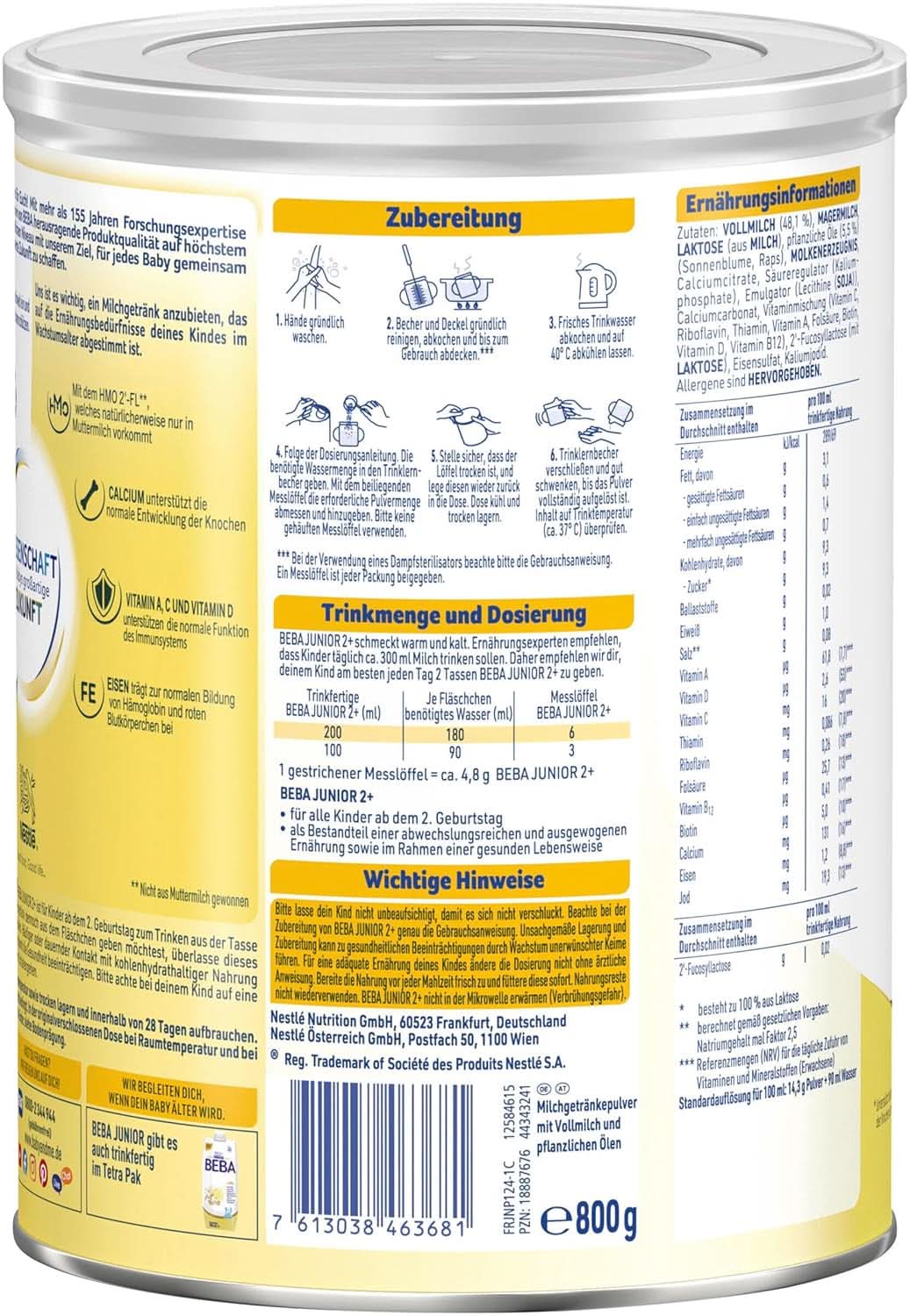 Nestle BEBA Junior 2+, fra 2 års fødselsdag, babymad med HMO 2'-FL, kun laktose, ingen palmeolie, pak 3 (3 x 800g) Mother and Baby Naty Shop