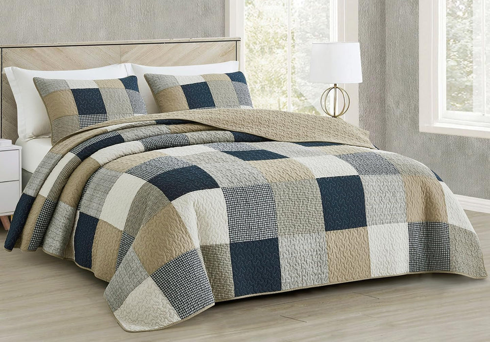 Chezmoi Collection Addy Patchwork Quilt Sæt Bomuld Forvasket Letvægts Vendbar All Seasons Oversized 3 dele Navy White Grå Taupe Plaid Quilts & Quilts Naty Shop Plaid Square Patchwork Taupe Oversized King