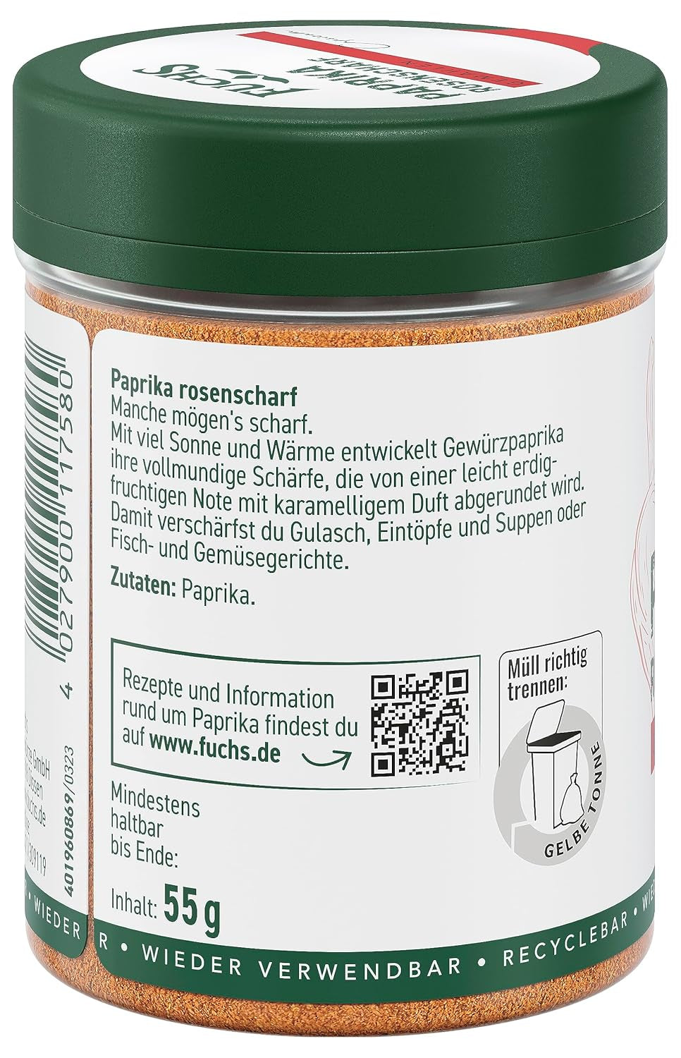 Fuchs Gewürze - Paprika rosenscharf gemahlen - schärfer Gesmack für Gulasch, Eintöpfe eller Gemüsegerichte - naturlige ingredienser - 55 g i wiederverwendbarer, genbrugsbarer Dosis