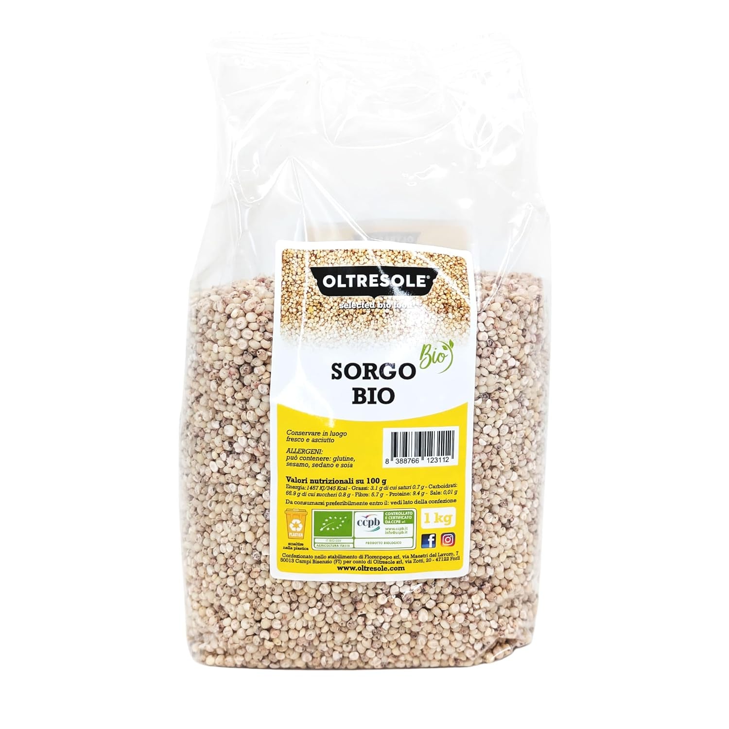 Økologisk hvid sorghum, 1 kg, afskallet, råkorn, økologisk dyrket i Italien, ideel pakke til familien