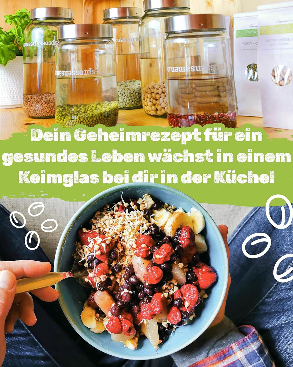 Spirekrukkesæt 3100 ml med gavesæt - Økologisk Fitness Mix, Power Mix og Detox Mix, 75 g hver - Spiringskrukke - inkl. låg, stativ og si