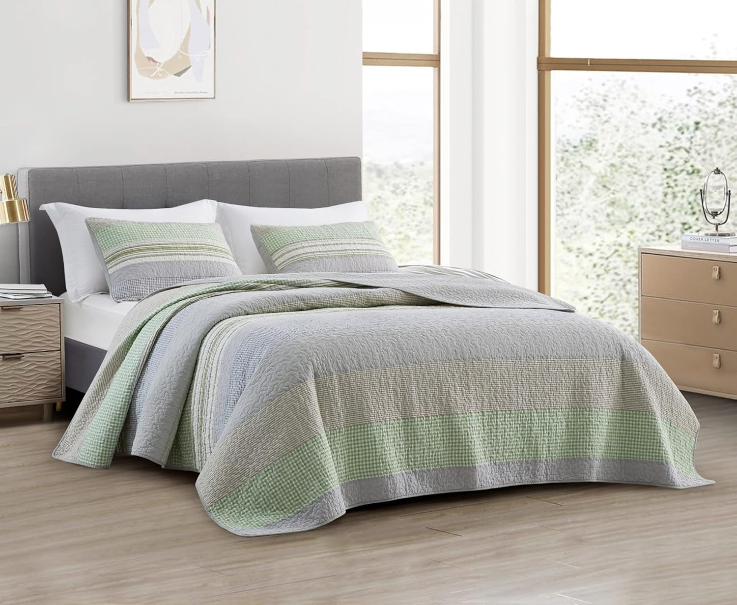 Chezmoi Collection Addy Patchwork Quilt Sæt Forvasket Bomuld Letvægts Vendbar All Seasons Oversized 3-delt Navy White Grå Taupe Plaid Quilts & Quilts Naty Shop Plaid Candy Stripes Patchwork Grøn Grå Queen