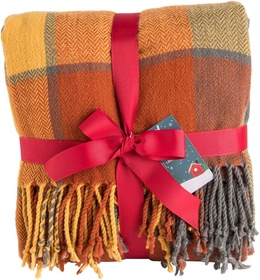 G Lake Orange Plaid tæppe Kast Akryl Blødt Vendbar Farvet Frynset Sengetæppe Gave Til Julepynt 127 Cm B X 170,2 Cm L-Græskar Orange senge og betræk G Lake Pumpkin Color 50 In X 67 In