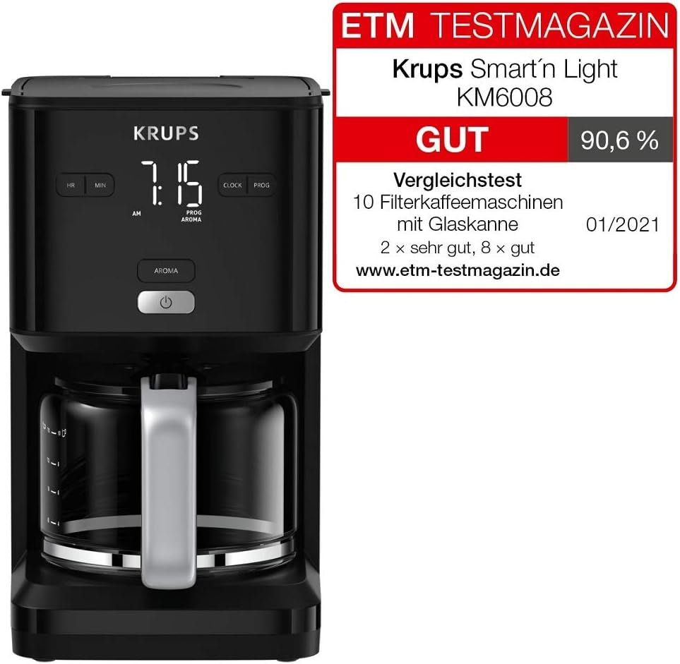 Aparat de cafea Krups Smart'n Light cu temporizator, pentru 1,25 litri de cafea filtrată, funcție de menținere la cald, oprire automată, negru, KM600810