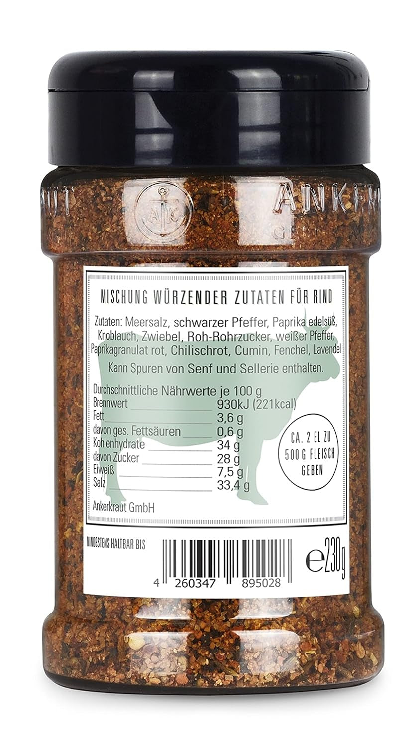 Ankerkraut Für Rind, Gewürz für Fleisch zum Würzen mit Aroma & Gesmack, Lecker Kochen zu Hause, Steak Spareribs Brisket Braten würzen in Premium Qualität, 230g im Streuer
