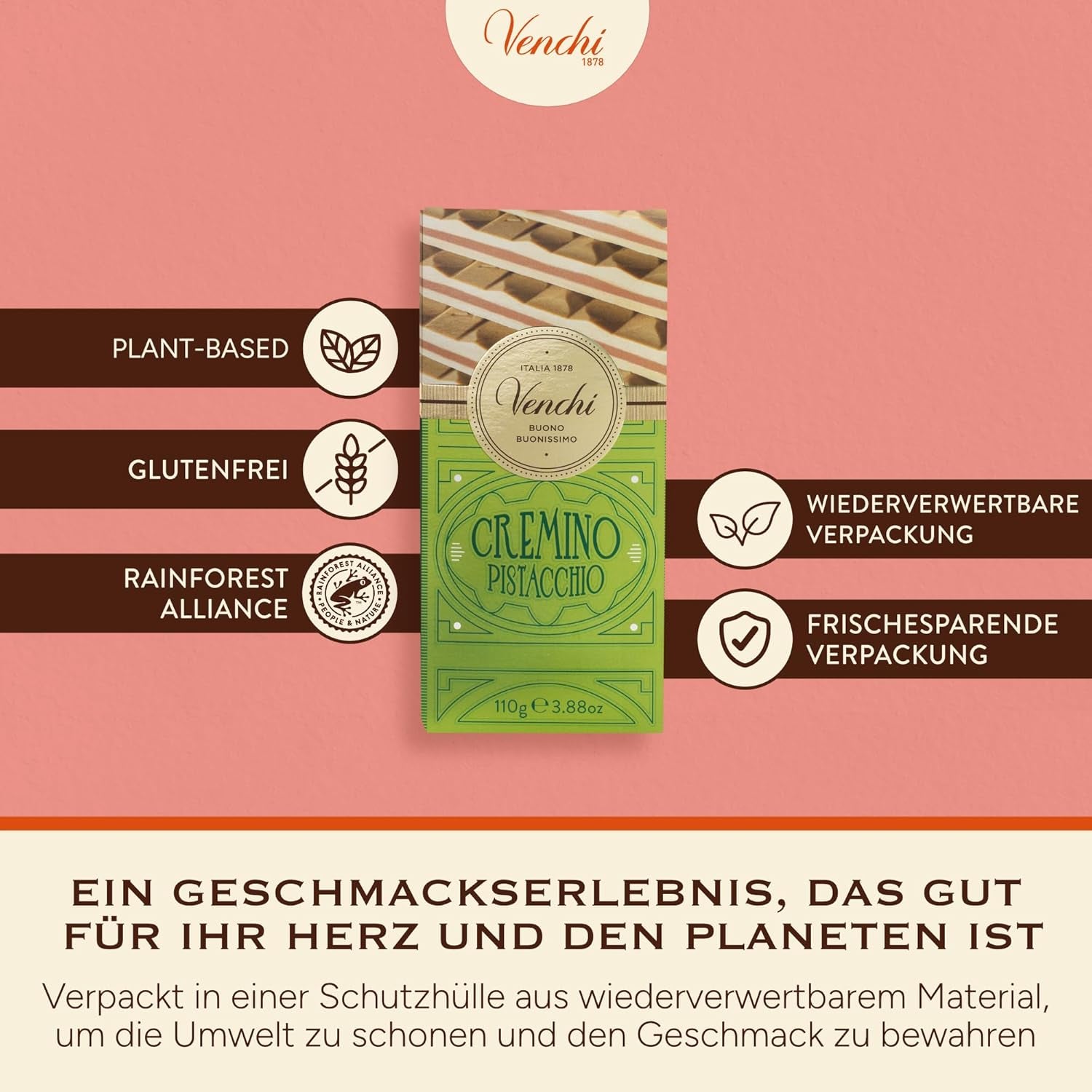 Venchi - Cremino Pistachio Bar, 110g, mælk og hvid chokoladebar med pistaciepasta, tre-lags opskrift med middelhavssmag, glutenfri, ingen kunstige farver