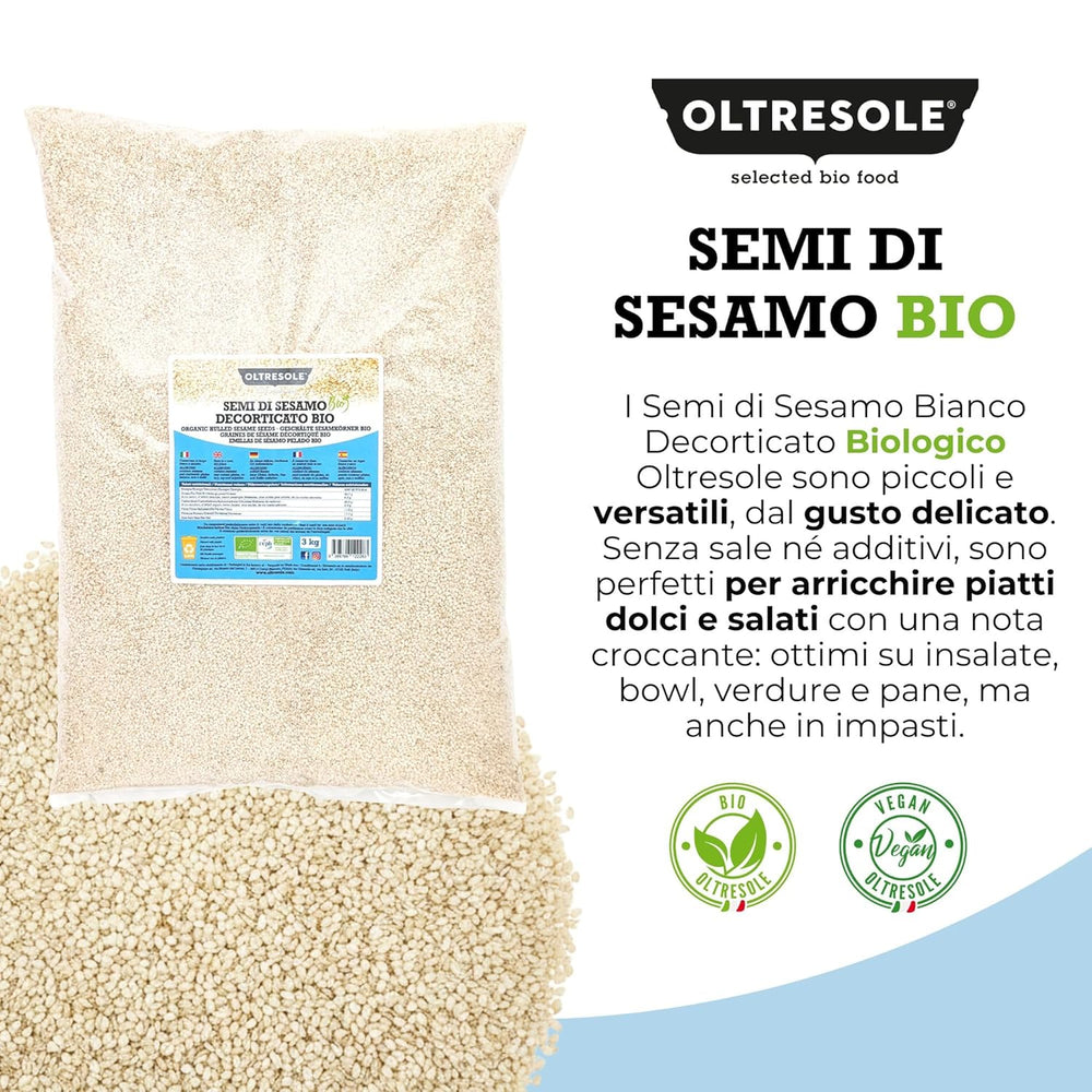 Økologiske sesamfrø 3 kg, rå økologiske oliefrø, hvid sesam, naturligt afskallet, uristet, kilde til calcium og jern, økonomipakke