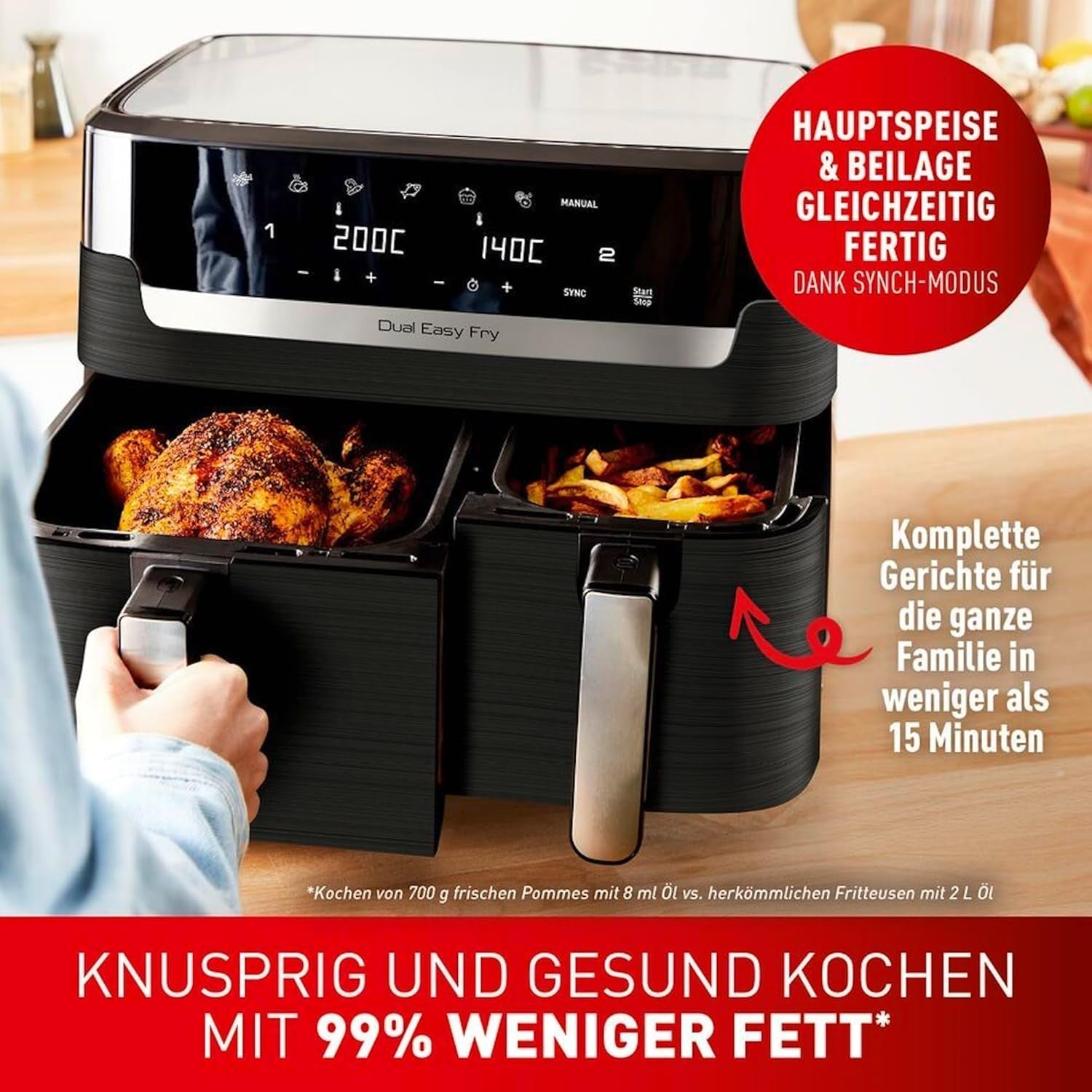 Tefal Dual Easy Fry Hot Air Fryer med to kamre, 5,2/3,1 liters kapacitet, to uafhængige skuffer, 7 programmer Hvidevarer Naty Shop