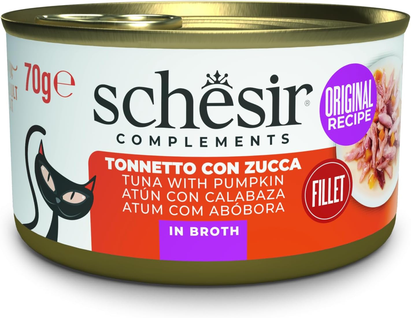 Ton cu dovleac în bulion, hrană umedă complementară pentru pisici, rețetă originală, 100% naturală, 12 conserve a câte 70g fiecare