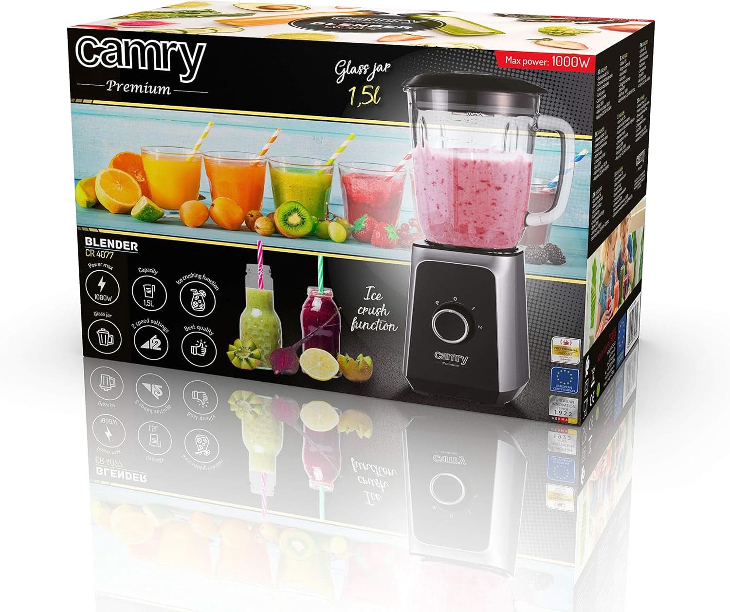CR 4077 Standmixer Mit 1.5L Glasbeholdere, Smoothie Maker, Hochleistungsmixer, Mahlung, Eis-Zerkleinerung, Pulsfunktion, Edelstahlklingen, 2 Geschwindigkeiten, 1000W, Schwarz/Silber Kitchen Naty Shop