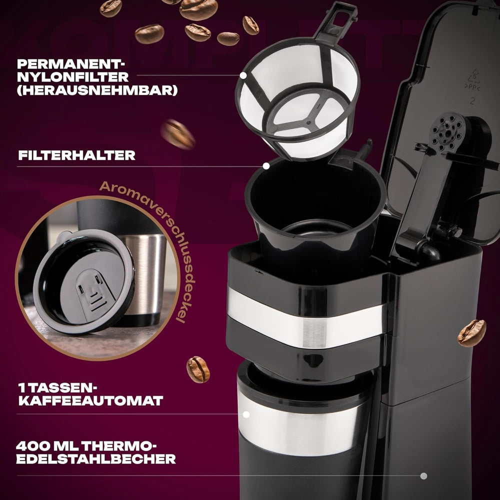 Espressor Clatronic | Cană de călătorie 400 ml | Compatibilă cu toate suporturile de pahare standard (de exemplu, pentru mașină) | Espressor cu filtru | Filtru permanent din nailon | Cană din oțel inoxidabil cu capac pentru aromă | KA 3733