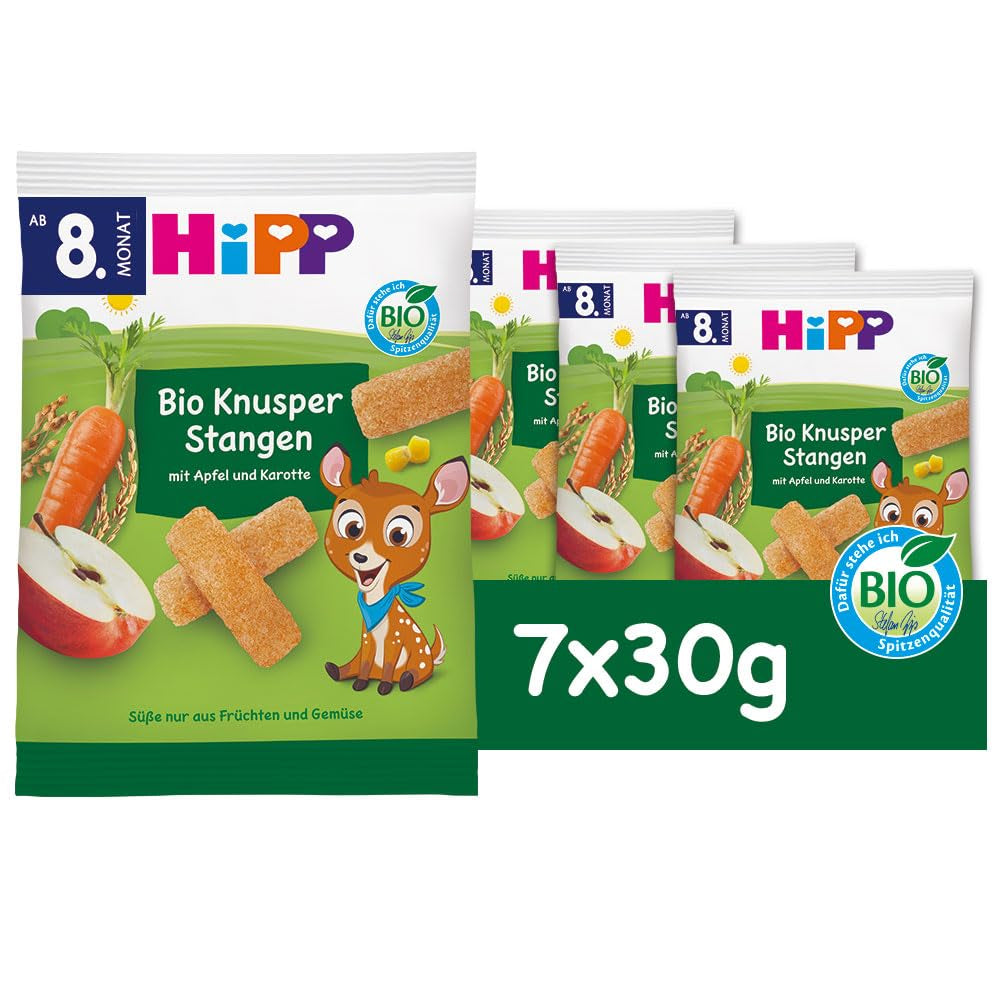 HiPP Bio Knusper Stangen Æble Karotte (7 x 30g), Babysnack ab 8. Monat, Süße nur aus Früchten und Gemüse, glutenfrei, in best Bio-Qualität