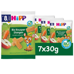 HiPP Bio Knusper Stangen Æble Karotte (7 x 30g), Babysnack ab 8. Monat, Süße nur aus Früchten und Gemüse, glutenfrei, in best Bio-Qualität
