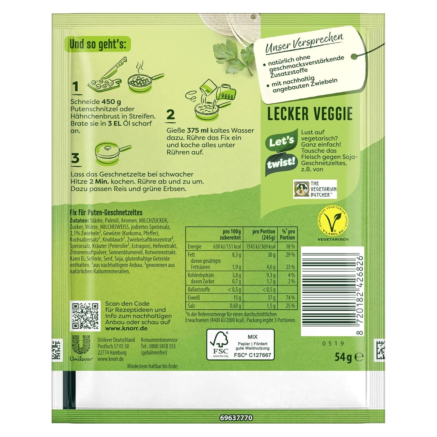 Knorr Fix Puten-Geschnetzeltes für ein leckeres Fleischgericht ohne geschmacksverstärkende Zusatzstoffe 3 Portionen