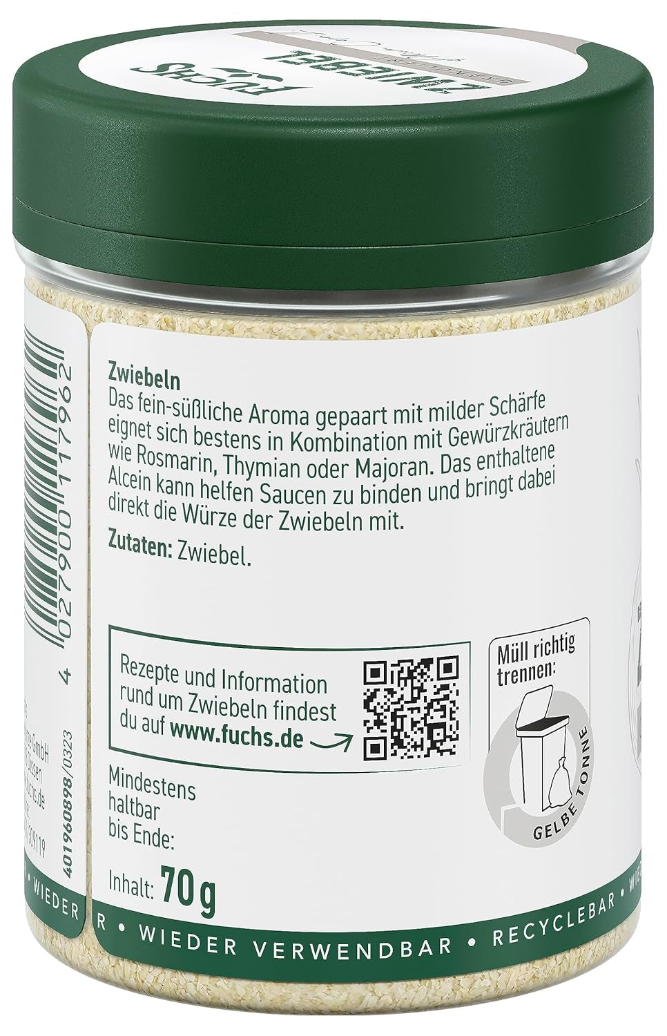 Fuchs Gewürze - Zwiebel granuliert - Gewürz für Saucen oder Nudelgerichte - naturlige ingredienser - 70 g i wiederverwendbarer, genbrugsbarer Dosis