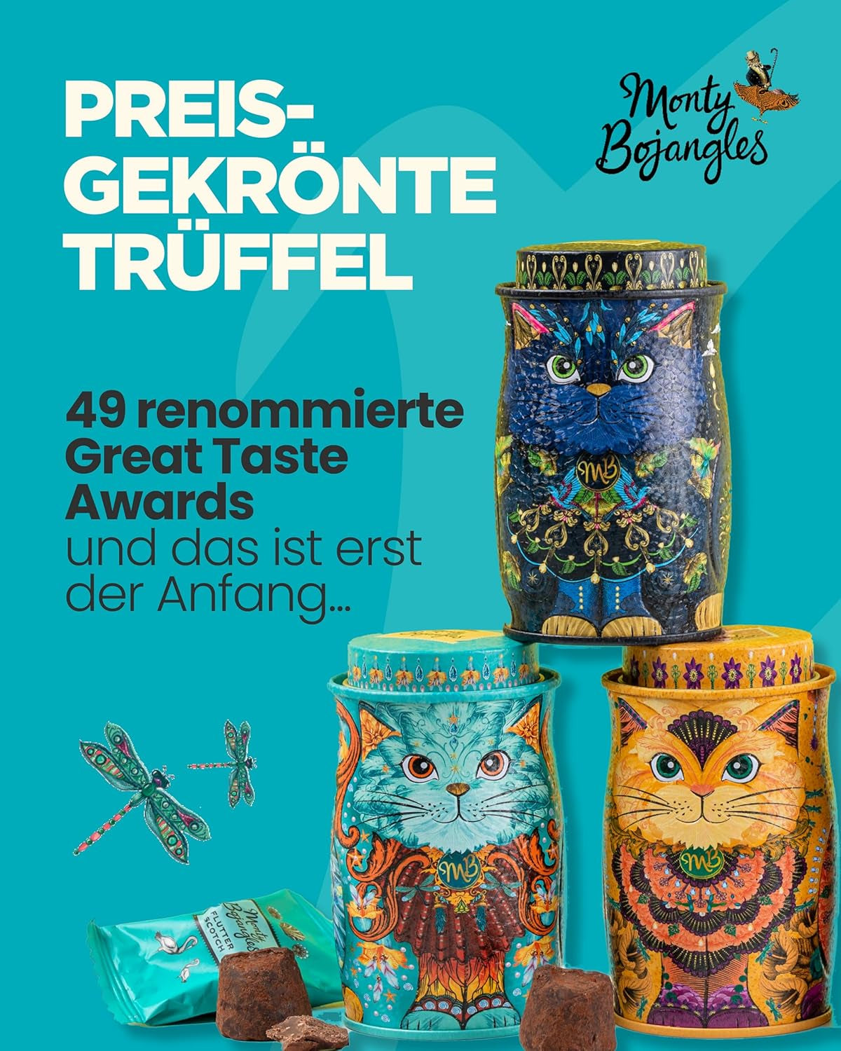 Monty Bojangles Savanna Gold Chokoladetrøfler (135 g) Kakaopulverpralingavesæt i en individuel kattedesign-samleræske Flutter Scotch-smag