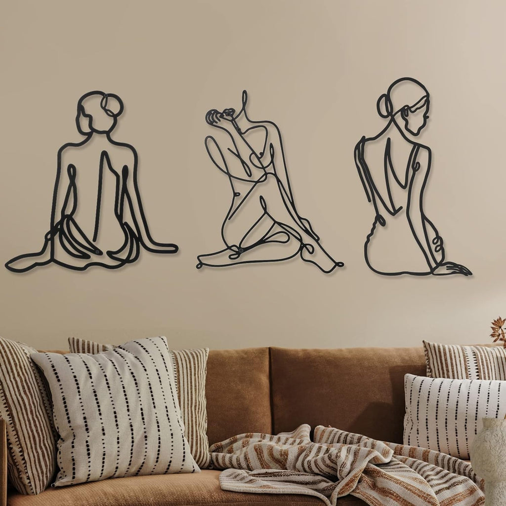 3 bucăți Metal Minimalist Woman Wall Art Deco Modern Metal Abstract Woman Wall Art Female Single Line Line Drawings to Hang for Living Room (negru, modern) Statuete si sculpturi Naty Shop Negru Vintage