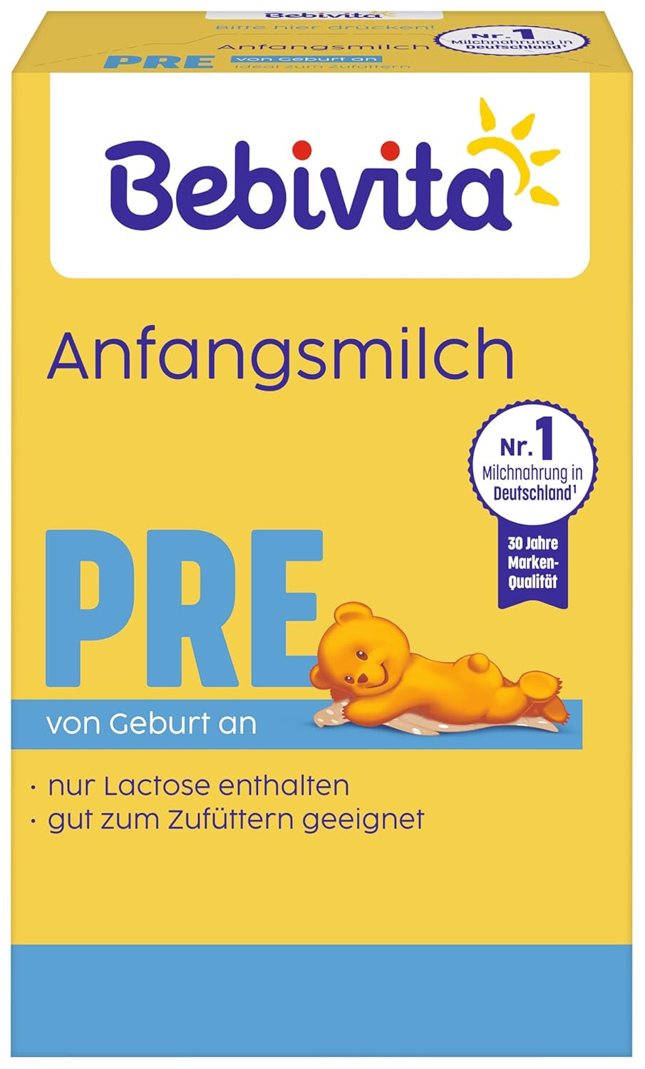 PRE mælkepulverformel (5 x 500 g), fra fødslen, indeholder kun laktose som kulhydrat, velegnet til komplementær fodring