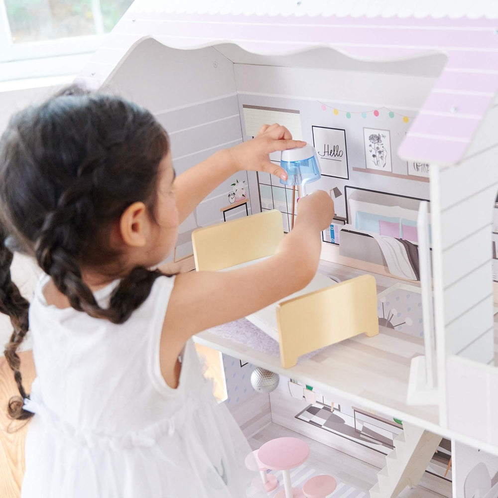 Teamson Kids Casa de păpuși gigantică Olivia's Little World cu 16 accesorii pentru păpuși, casă de păpuși din lemn cu mobilier, cu 3 etaje, casă de păpuși pentru copii de 30 cm, vârste 3+