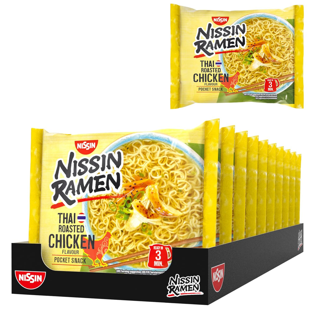 Nissin Ramen - Thai bagt kylling 10 pakke asiatisk stil instant nudler Thai opskrift Hurtig og nem asiatisk mad (10 x 65 g)