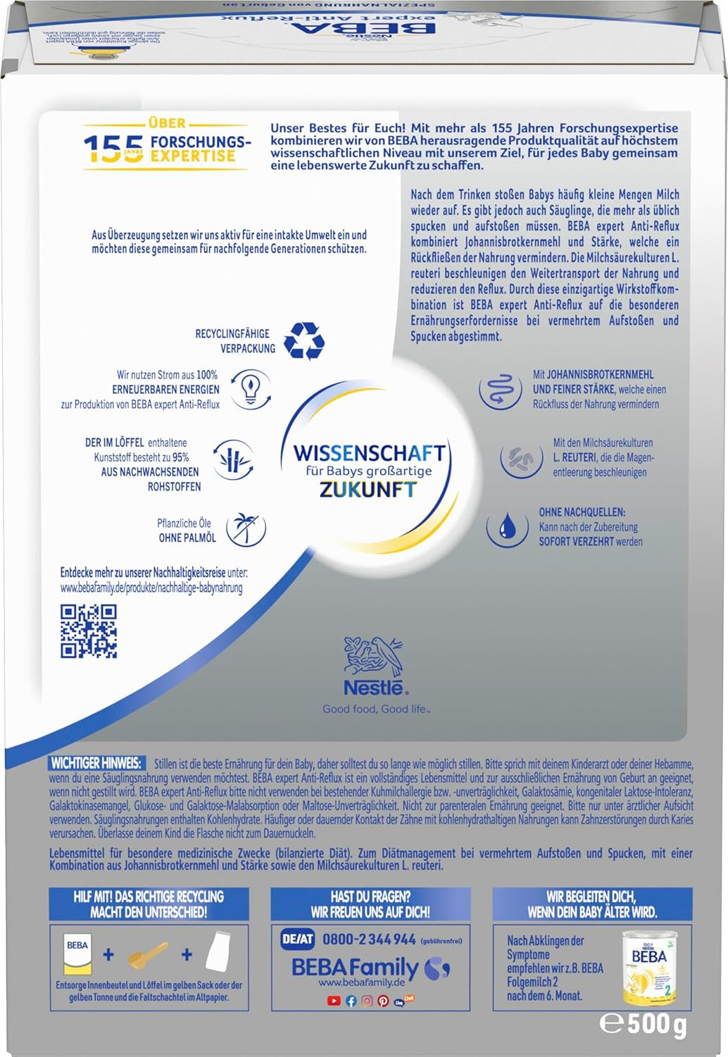 BEBA ekspert Anti-Reflux - AR Speciel formel fra fødslen, til øget bøvsen og opkastning, babymad, babymælkpulver, 1 pakke (1 x 500g)
