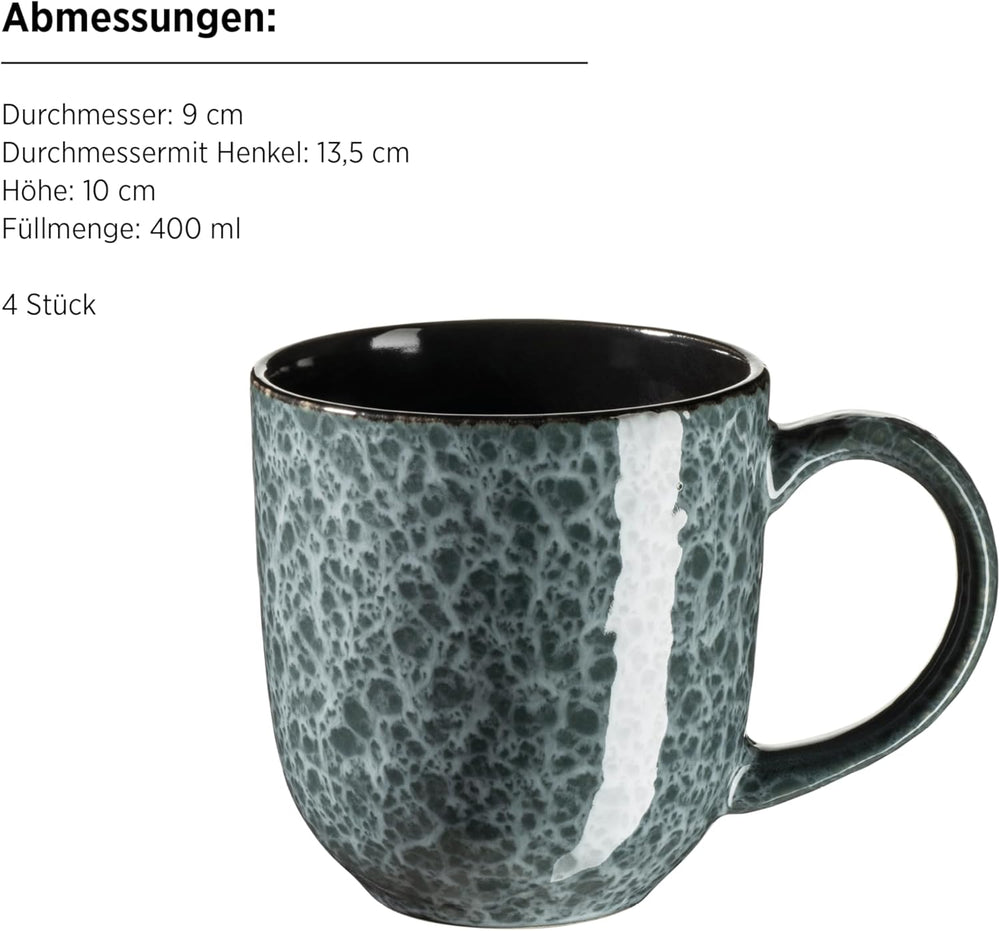 MÄSER 934110 Seria Filippa, Set de veselă din ceramică pentru 4 persoane, Set de veselă modern combinat cu 16 piese; Farfurii, boluri și căni cu glazură reactivă în verde și negru, Gresie, Verde