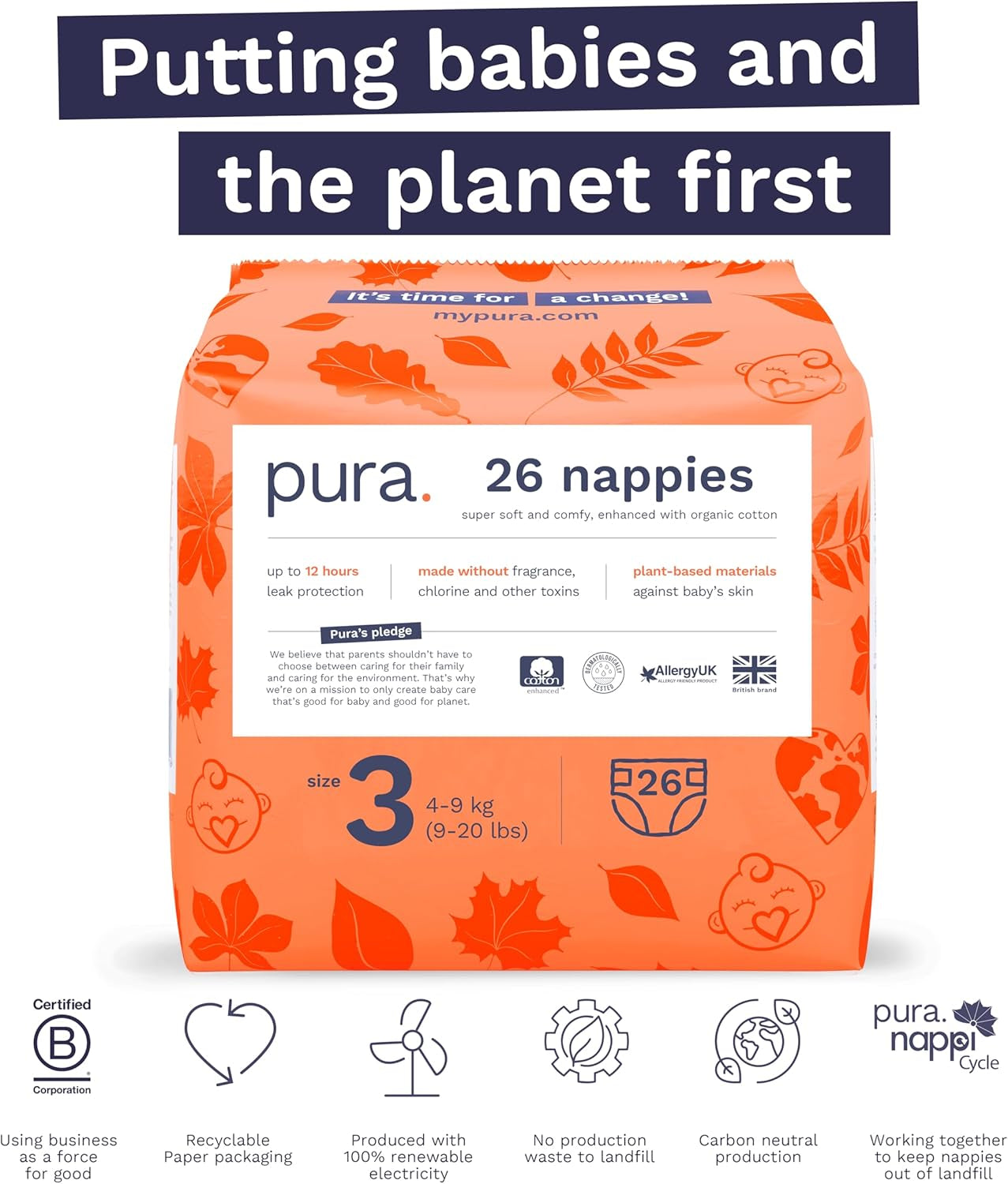 Eco babybleer - størrelse 3 (4-9 kg), 1 pakke (26 bleer), ultrabløde bleer til følsom hud, økologisk bomuld, op til 12 timers lækagebeskyttelse, ny størrelsesguide