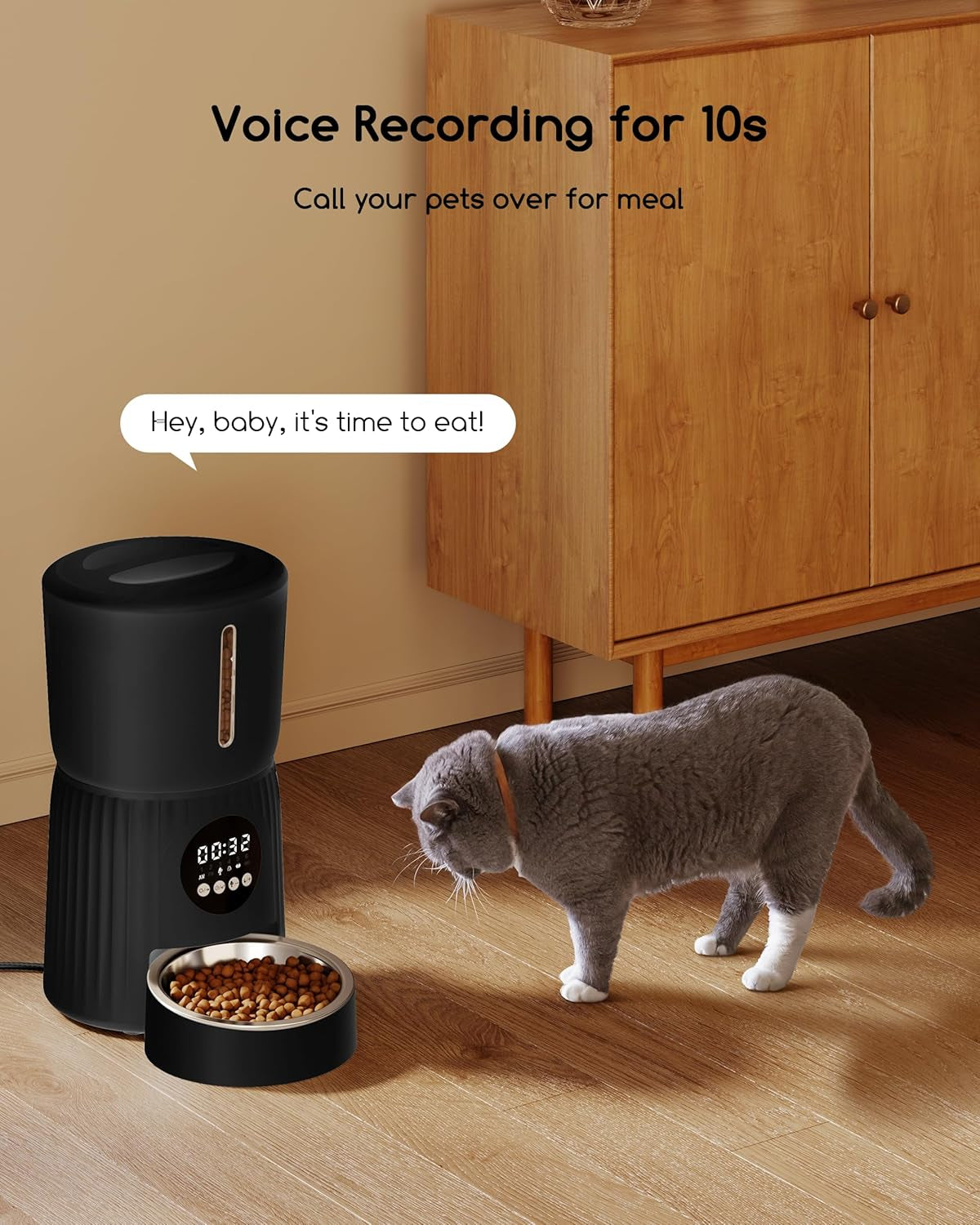 Faroro Futterautomat Katze, 4L Katzenfutter Automat, Futterspender Katze Mit 1–6 Mahlzeiten Per Tag, Portionskontrol, 10s Sprache, Langsames Füttern (Schwarz)