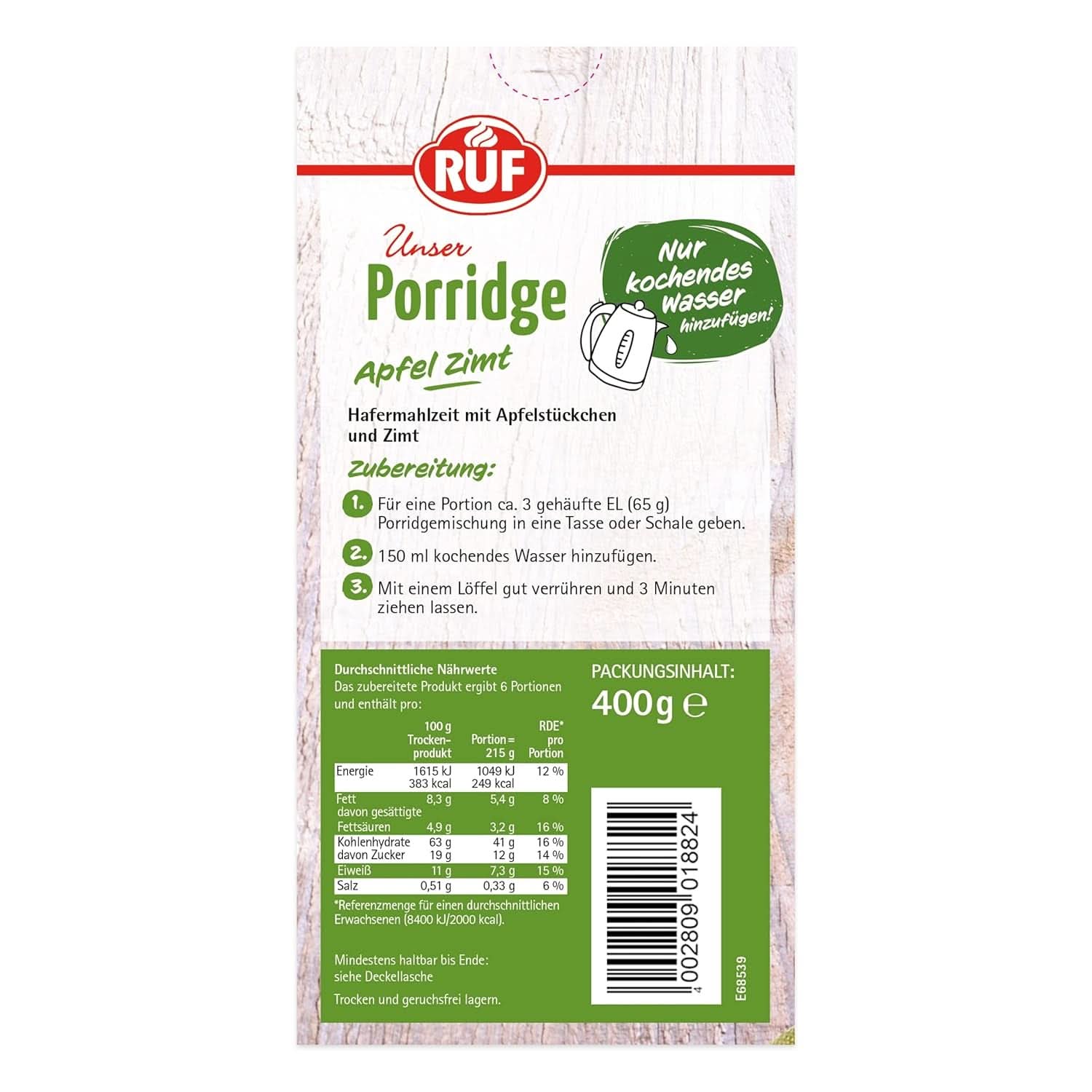 RUF Porridge Apple Cinnamon, cu fulgi de ovăz integral, aromă fină de scorțișoară și bucăți de mere uscate, 400 grame Cereale Naty Shop