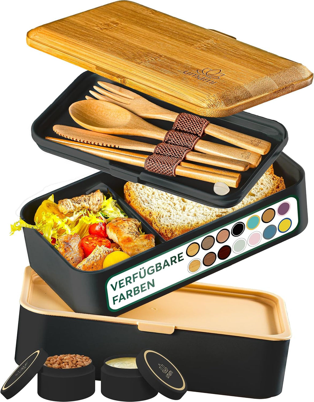 Cutie de prânz Umami pentru adulți, cutie bento stivuibilă etanșă cu 4 tacâmuri și compartimente, cutie de prânz pentru adulți, recipient pentru salată to-go, cutie de prânz pentru picnic / birou, gri cărbune, 1500 ml Cutii depozitare alimente Naty Shop Negru Tan L - 1200 Ml