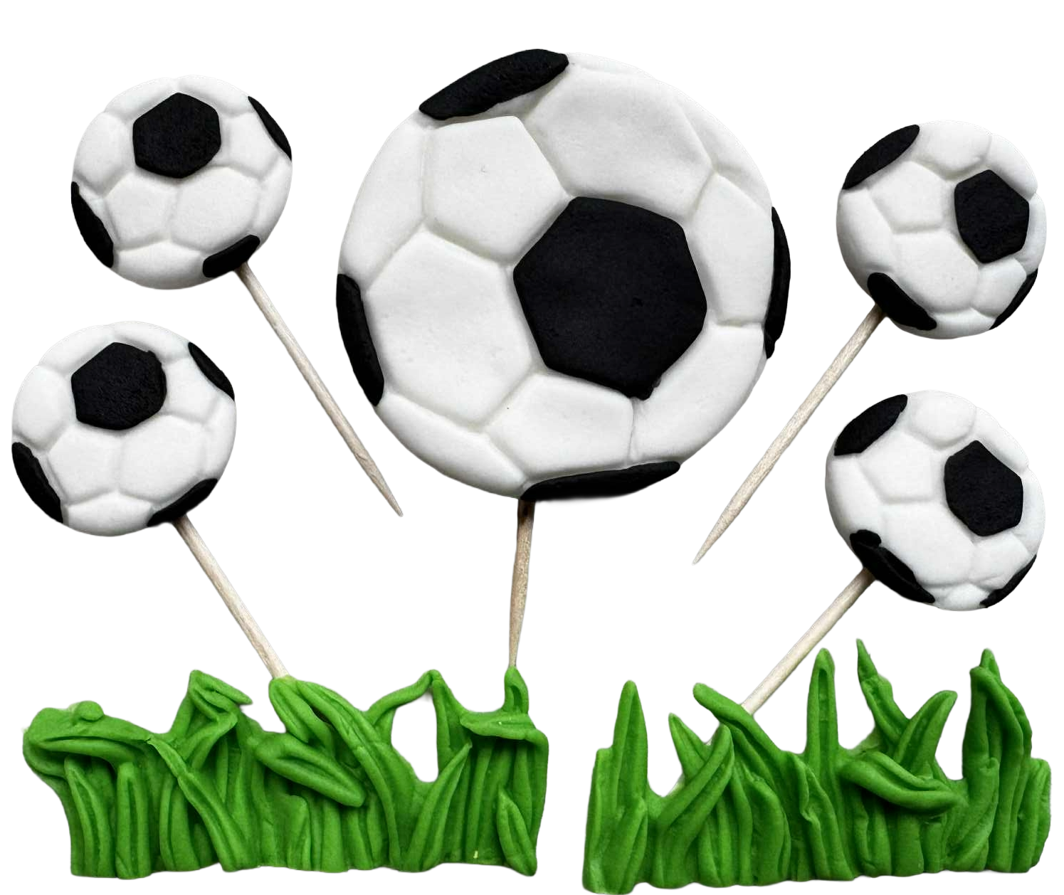 Fodbold sæt – 7 spiselige kagedekorationer af sukkermasse, 2–6 cm