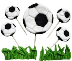 Fodbold sæt – 7 spiselige kagedekorationer af sukkermasse, 2–6 cm