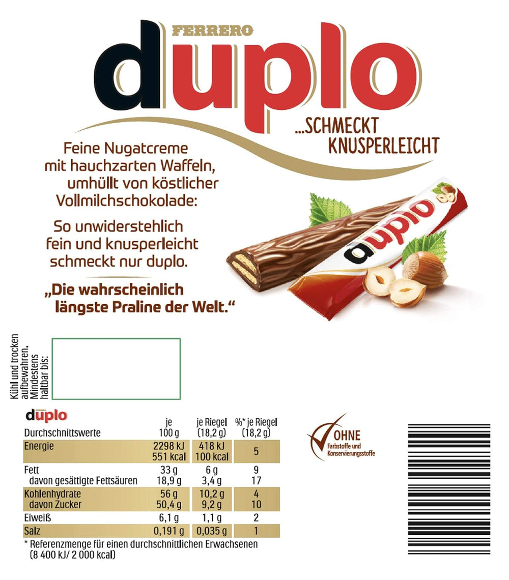 Ferrero duplo Large Pack - Chokoladebarer med fin nougatcreme, sprød oblat og fin mælkechokolade - Karneval og fastelavnsslik - 15 pakker med 18 individuelt indpakkede barer