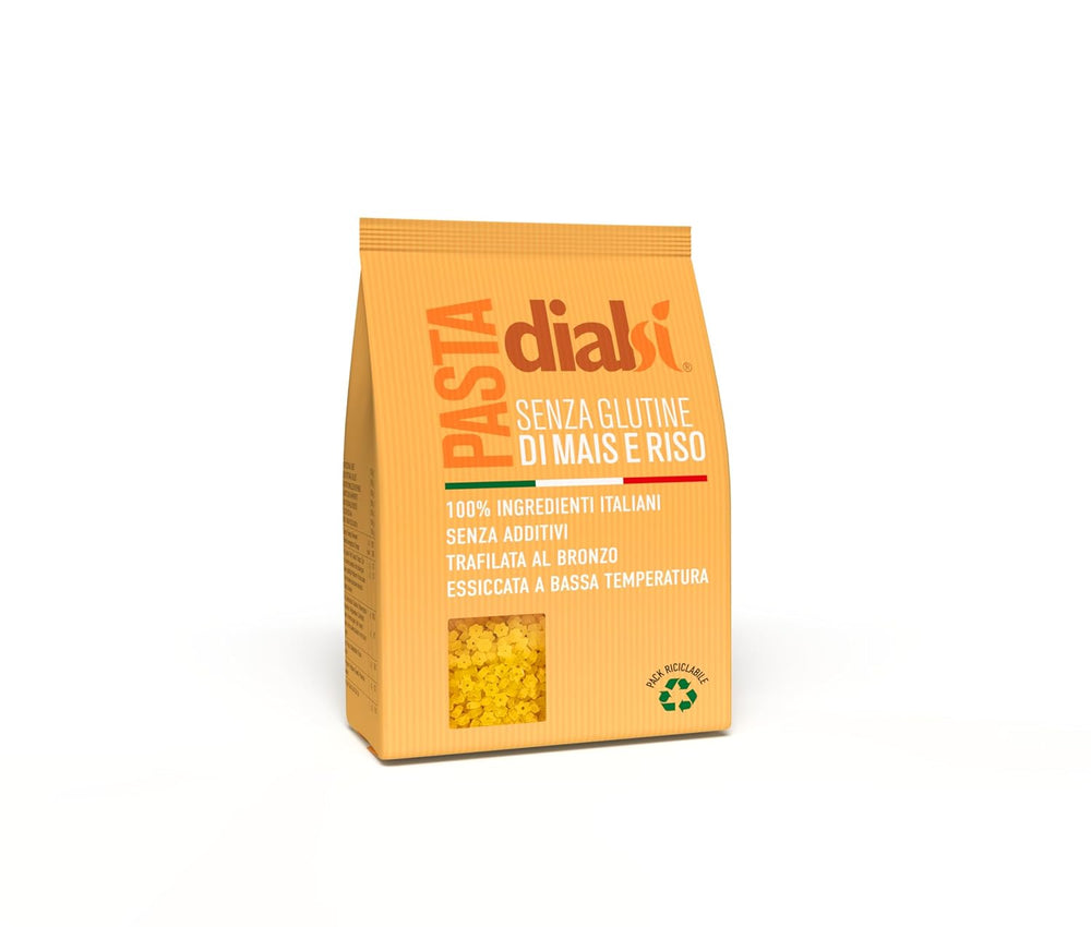 Dialsi stjerneformet pasta, glutenfri majs- og rispasta, bronzebrændt, 100 % italienske ingredienser, ingen tilsætningsstoffer, tilberedes på 8-9 minutter, 300 g pakke
