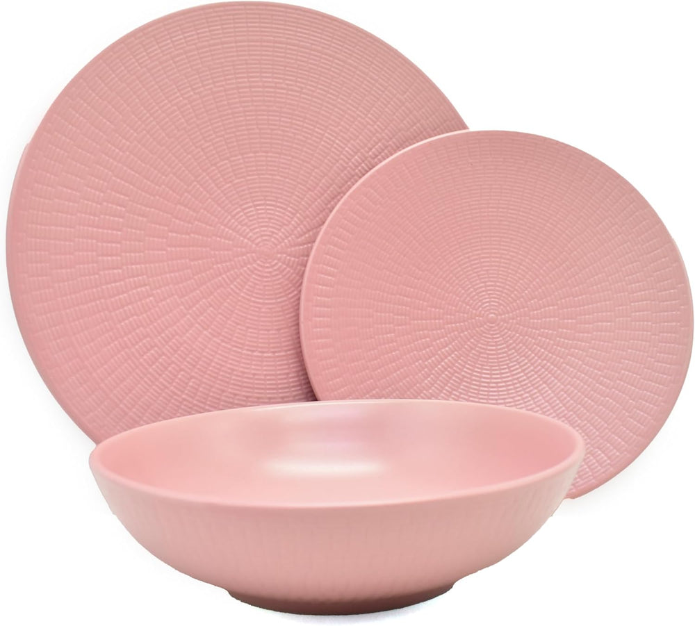 Set de veselă vintage ECHTWERK, 12 piese, design natural „Blanka”, pentru 4 persoane, set elegant de veselă din gresie texturată cu 4 farfurii de cină, 4 farfurii laterale, 4 farfurii de sumă, roz