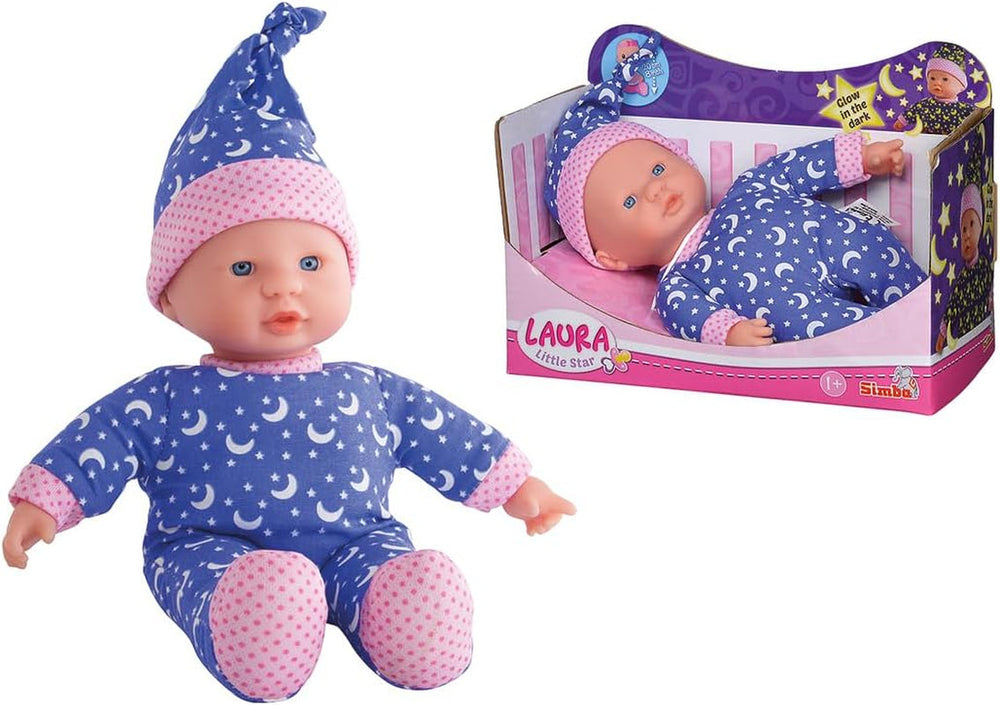 Simba 105010010 - Laura Little Star, păpușă cu corp moale în rochiță dulce și șapcă cu luni și stele strălucitoare, 20 cm, strălucește în întuneric, păpușă pentru copii de la 12 luni, albastru Papusi Naty Shop