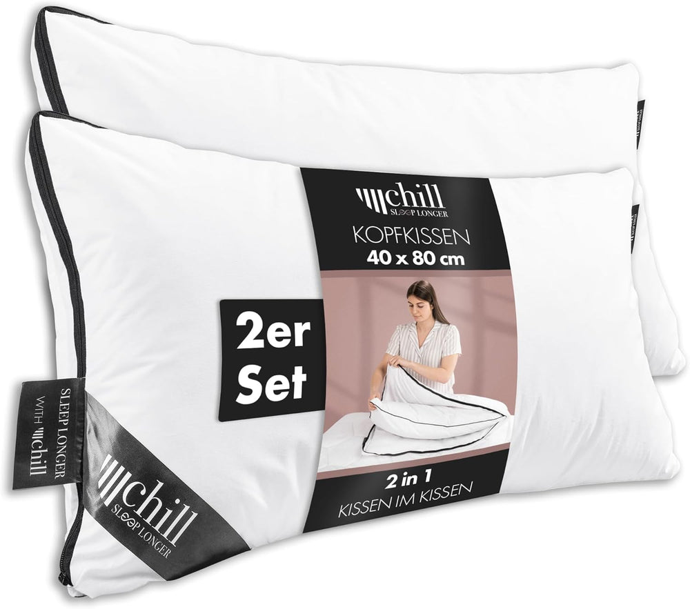 Pernă 80X80 Cm - design 2 în 1 - pernă în pernă - pernă de dormit mare respirabilă și lavabilă și 100% vegană - 2 perne 3 opțiuni - pernă cu umplutură 600G & 1200G Perne standard Naty Shop Pernă premium Set de 2 - 40 X 80 Cm