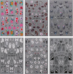 JMEOWIO Nagelsticker Schwarz Weiße Blume 6 Blatt Nail Art Sticker Selbstklebend Nagelaufkleber Frühling Sommer Floral Dekoration Nageldesign Zubehör