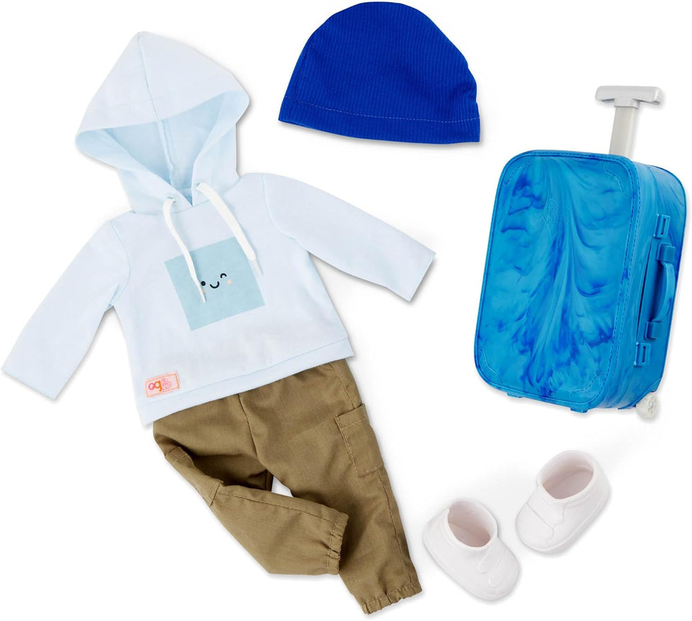 Our Generation – Milo – Păpușă băiat 46 cm – Ochi căprui realiști și păr castaniu creț – Bagaj cu roți și accesorii de călătorie – Joc de simulare – Jucărie pentru copii cu vârsta de 3 ani și peste