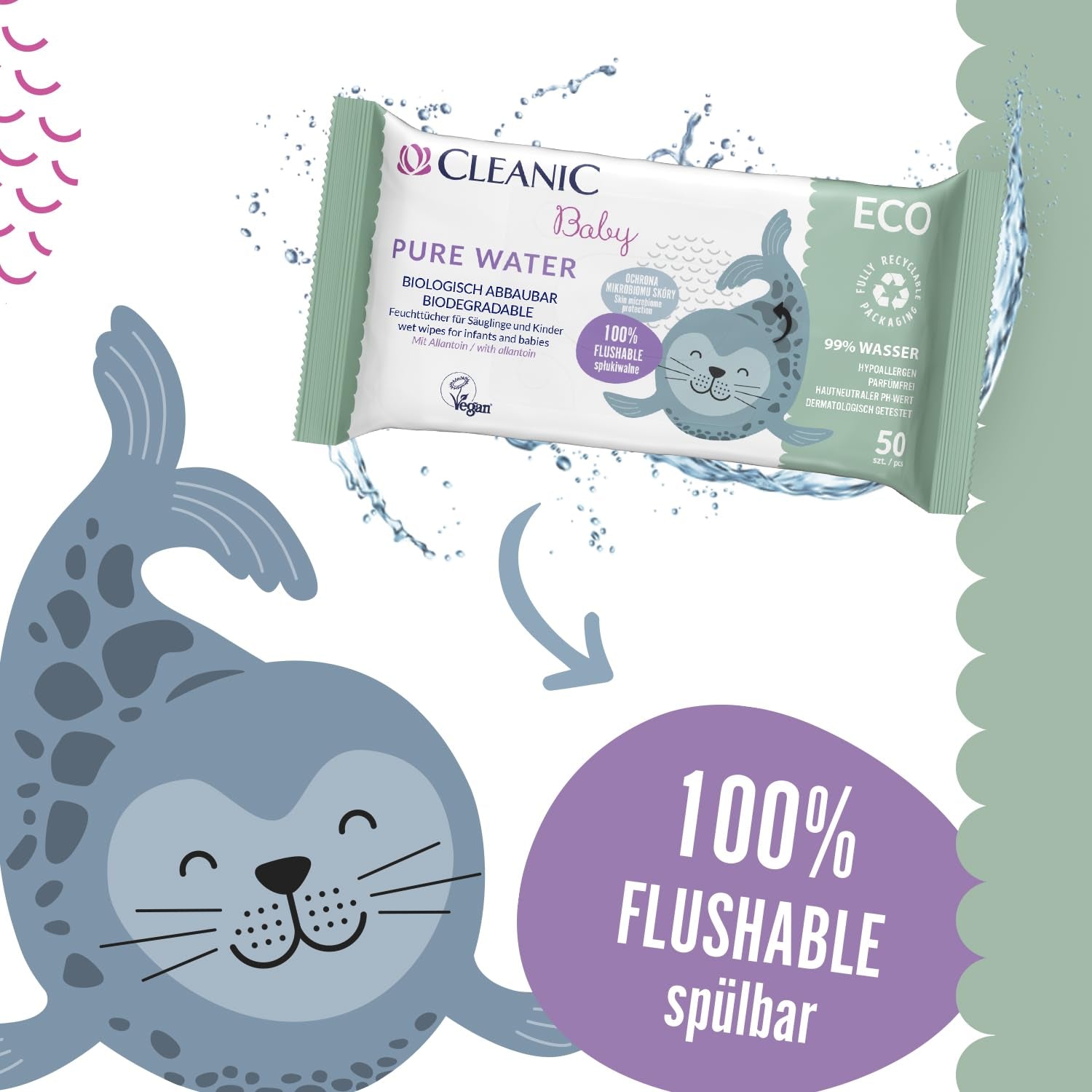 Cleanic Baby Eco Pure Water Wet Wipes – (1 x 50 stk.) Vådservietter til børn og spædbørn – parfumefri, skyllebar, følsom hud – 50 stk.
