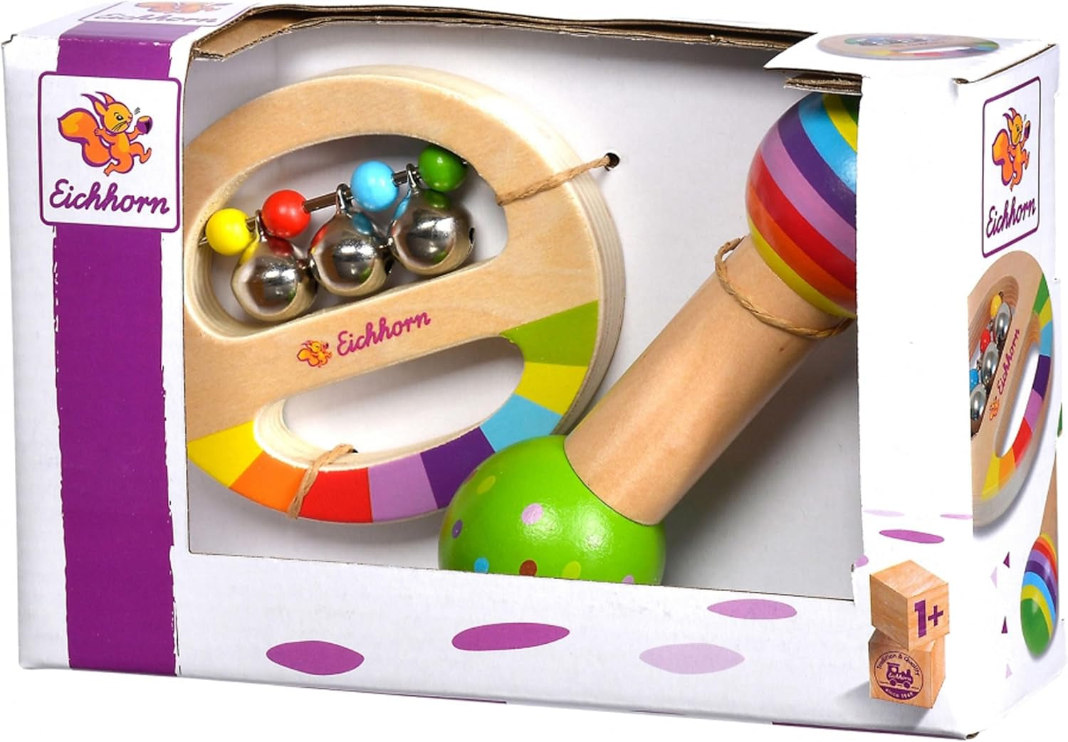 Eichhorn - set muzical din 2 piese, include jucărie de prins cu clopoței și băț cu sunet, instrumente muzicale colorate din lemn, de la 1 an Jucarii Bebe Naty Shop
