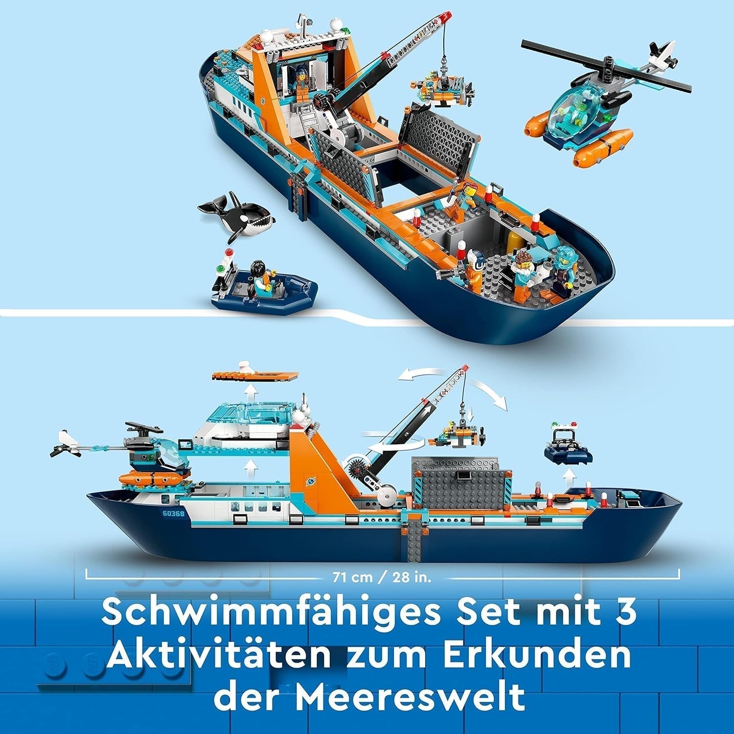 LEGO City Arctic Research Ship, stor flydende legetøjsbåd med helikopter, gummibåd, Rov-ubåd, vikingevrag, 7 minifigurer og spækhuggerfigur, gave til børn i alderen 7+ 60368 byggesæt Besuche den LEGO-Store
