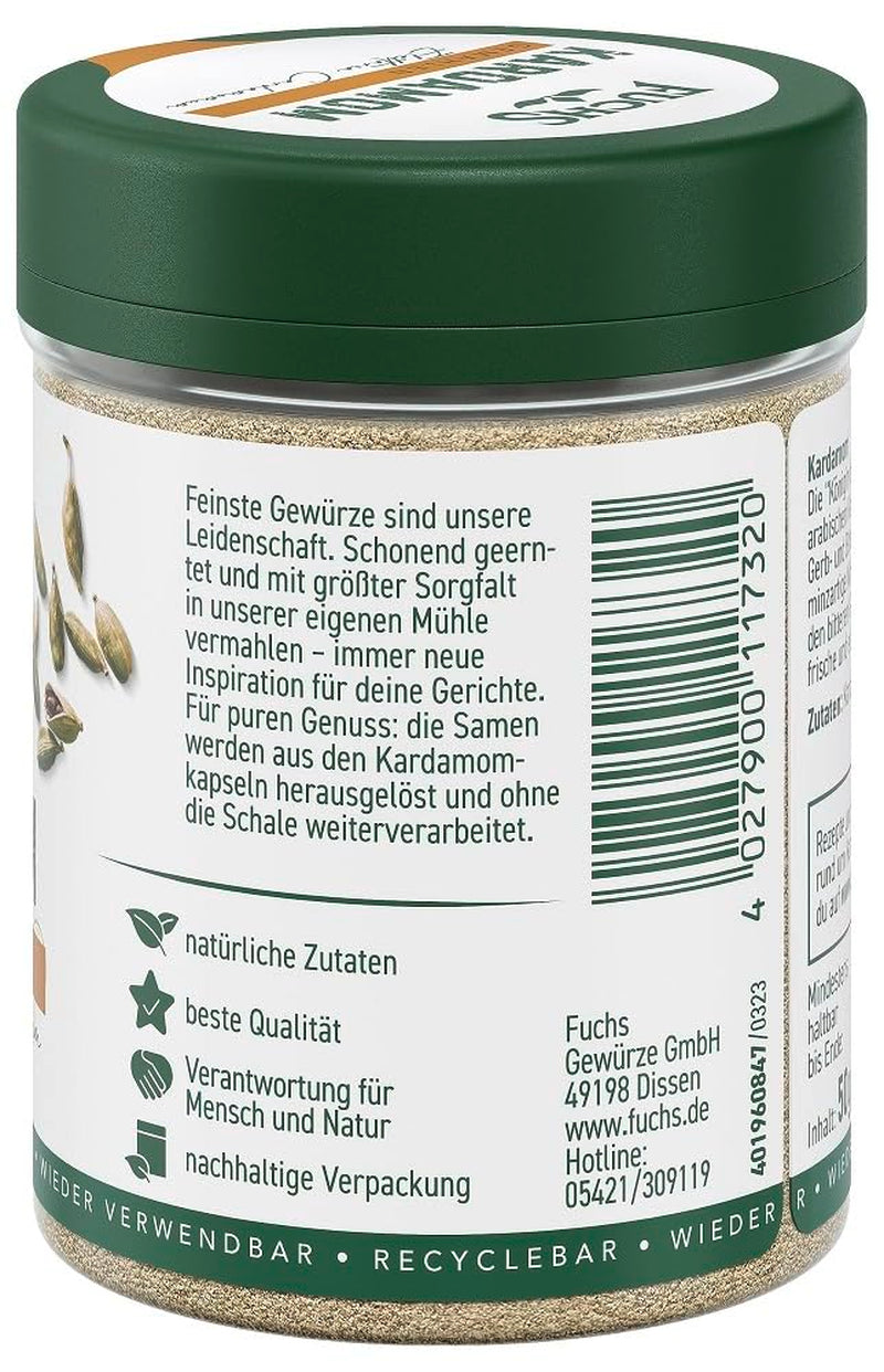 Fuchs Gewürze - Kardemomme gemahlen - Gewürz für Glühwein oder Fleischgerichte wie Roastbeef eller Schweinebraten - naturlige ingredienser - 50 g i wiederverwendbarer, genbrugsbarer Dosis