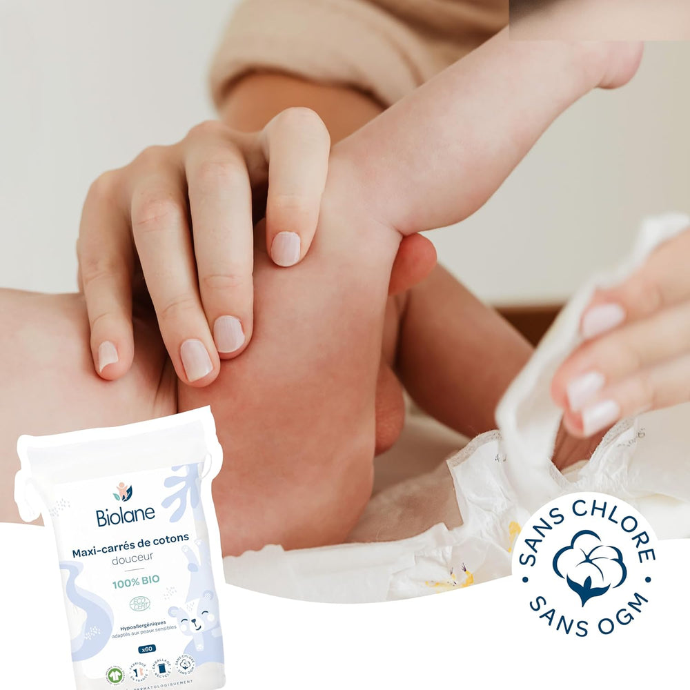 BIOLANE 12 Maxi Squares Wet Pads - Babyer - 100% Økologisk - 720 Bomuld - til følsom hud - Skift og toiletartikler - fra fødslen - lavet i Frankrig